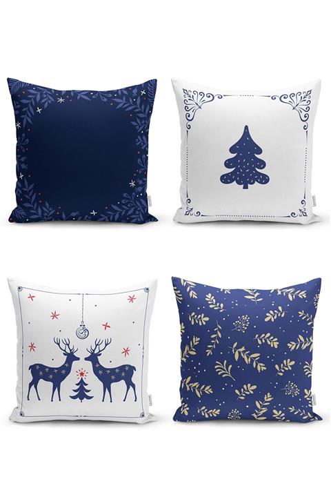 Realhomes 4'lü Lacivert Yılbaşı Temalı Dijital Baskılı Modern Kırlent Kılıfı Seti