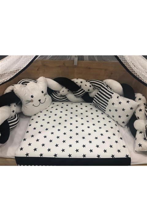 Mini Baby Örgülü Siyah Beyaz Cibinlikli Beşik Bebek Uyku Seti 80x130