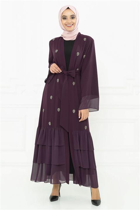 Beyza Şifon Detaylı Taşlı Mürdüm Abaya 3006-1