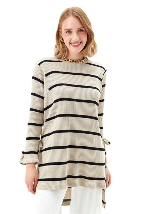 Muni Muni Yanı Yırtmaçlı Triko Tunik-50441-bej