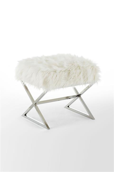 T&H Luxury Puf Beyaz Peluş-krom