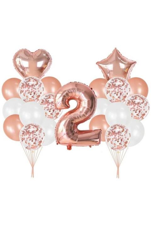 Pink Party Concept Rose Gold 2 Yaş Folyo Balon Şeffaf Konfetili Balon Seti