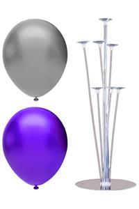 INFINITY 100’lü Metalik Balon Ve 7 Çubuklu Balon Standı Seti, 2 Renk X 50, Gümüş, Violet