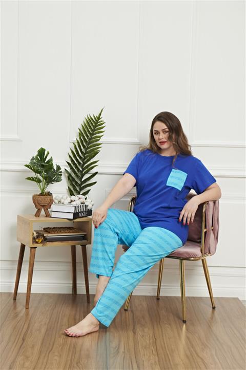 MyBen Büyük Beden Saks Renkli Çizgili Kısa Kollu Pijama Takımı 16300