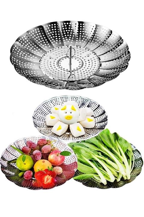 Tilbe Home Sebze Haşlama Sepeti Orijinal Paslanmaz Çelik Buharda Pişirme Süzgeci Pişirici Haşlayıcı Tepsi