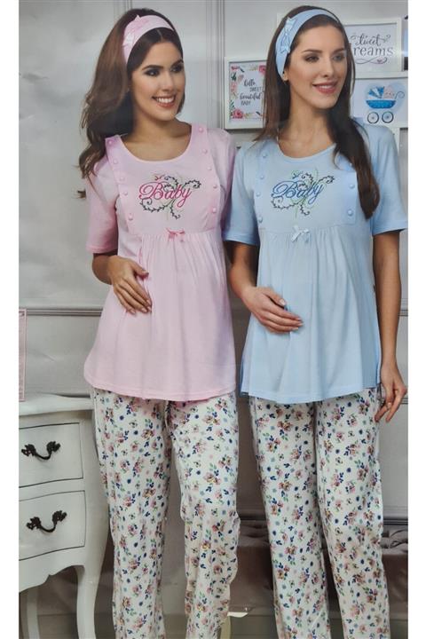 İkom Pembe Lağusa, Hamile Pijama Takımı Pamuklu Önden Açılır Emzirme Düğmeli, Kısa Kollu Ve Bandanalı