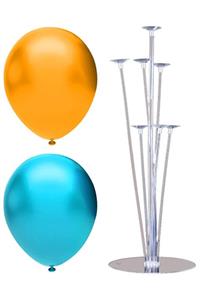 INFINITY 100’lü Metalik Balon Ve 7 Çubuklu Balon Standı Seti, 2 Renk X 50, Altın, Turkuaz