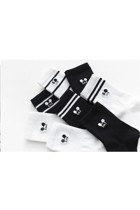 çorapmanya 6 Çift Çok Renkli Mouse Desenli Çizgili Pamuklu Kolej Tenis Çorap