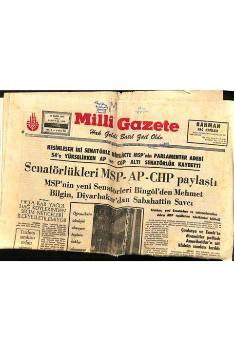 Gökçe Koleksiyon Milli Gazete Gazetesi 14 Ekim 1975 - Seçim Gecesi Izmir'de 1800 Telefon Bozuldu