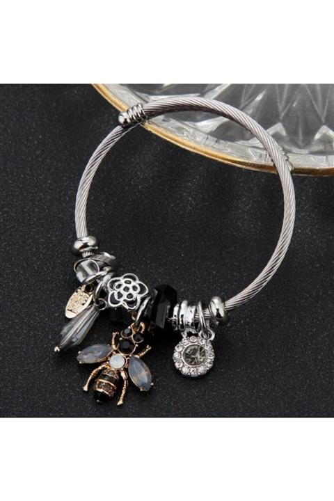 Uzel Arı Charmlı  Model Çelik Bileklik Siyah