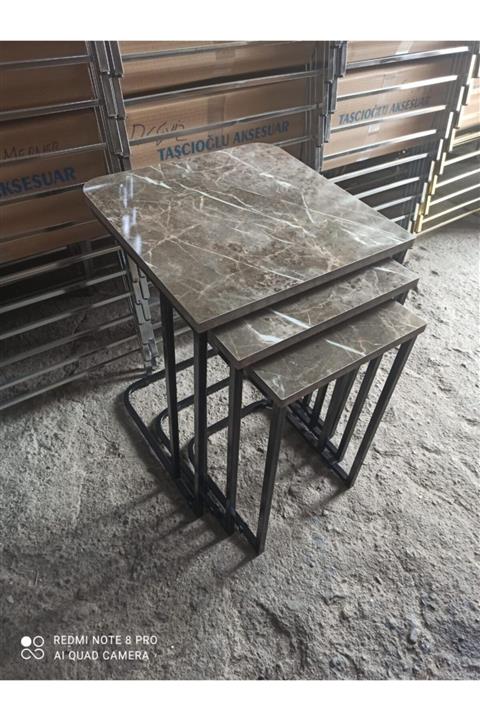 GÜVENÇ C Zigon Sehpa Siyah Metal Ayaklı Alaca Kahverengi Mermer Desen