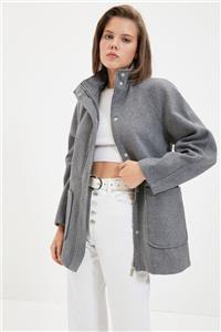 TRENDYOLMİLLA Gri Oversize Fermuar Kapama Yünlü Kaşe Kaban TWOAW22KB0162