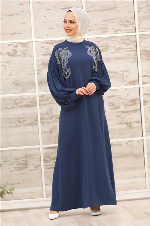 Neva Style Kadın Lacivert Balon Kol Tesettür Abaya 3221