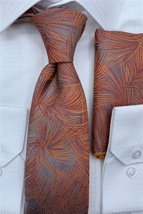 Quesste Accessory Erkek Bakır Gri Desenli Kravat Mendil Kutulu Set
