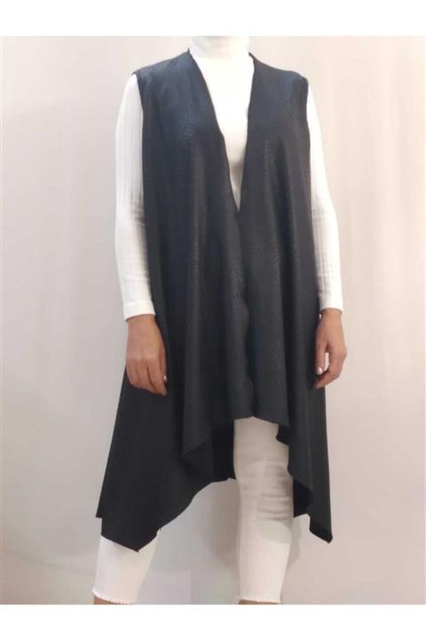 Mertcan Butik Deri Görünümlü Salaş Siyah Yelek