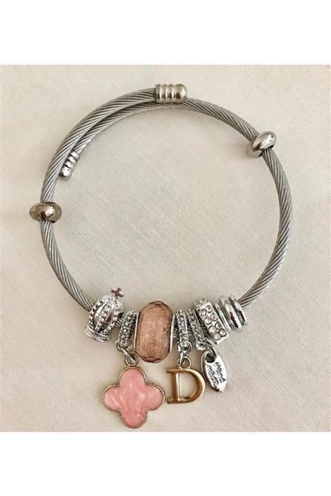 FEY AKSESUAR D Harf Ve Pembe Çiçek Charmlı Gümüş Tarzı Şık Bileklik