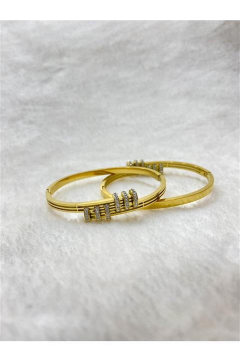 RoyalSteels Altın Kaplama Zirkon Taşlı Çivi Kadın Çelik Kelepçe Bileklik