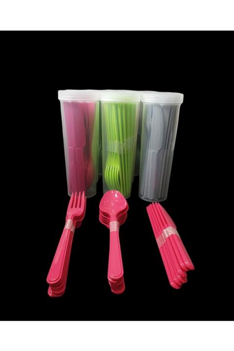 KARIŞIKSEPETS Plastik Çatal Bıcak Kaşık Kırmızı Tekrar Kullanılabilir 18 Parça Ve Taşıma Kutusu Hediye