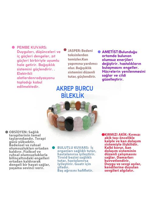 OSMANLI DOĞAL TAŞ Akrep Burcu Bileklik-pembe Kuvars-jasper-ametist-kırmızı Akik-bulutlu Kuvars-obsidyen
