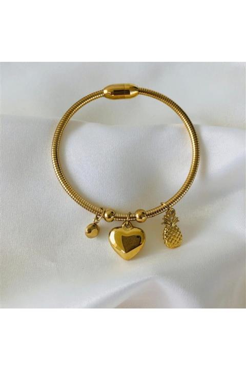 staınless steel Ananas Kalp Detaylı Çelik Bileklik