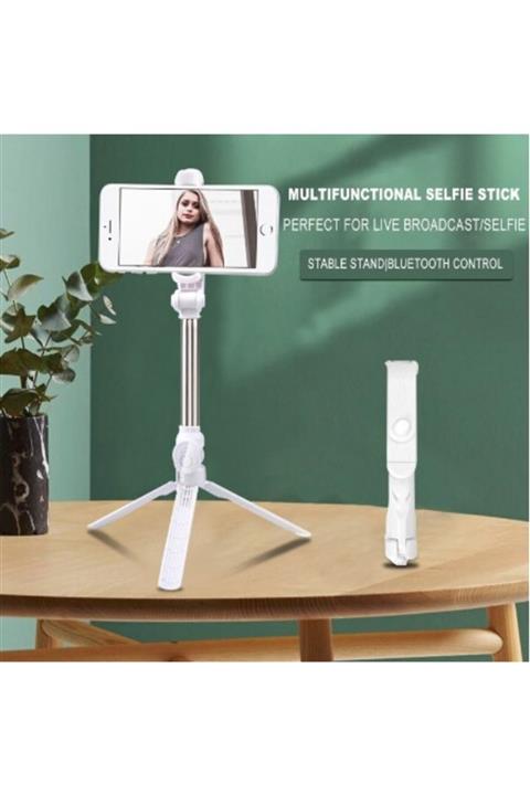 Twinix Kablosuz Kumandalı Telefon Selfie Çubuğu Monopad Ayaklı Tripod Bluetooth -beyaz