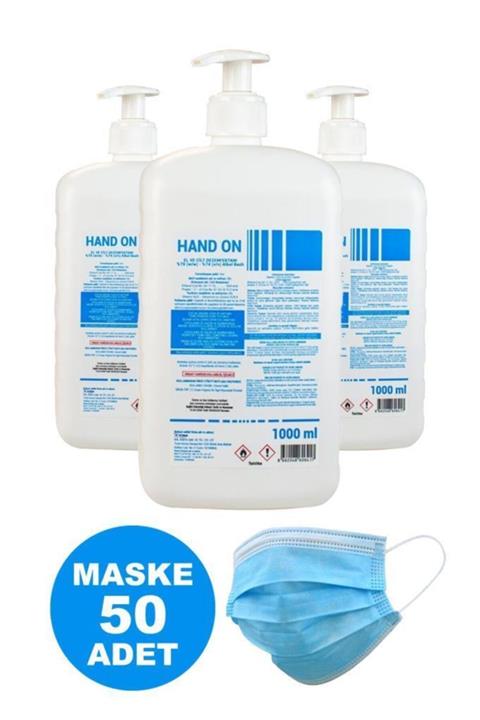 Hand On Alkol Bazlı El Ve Cilt Dezenfektanı 1lt X3 + 50 Li Maske