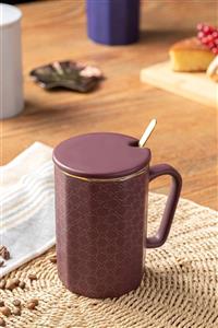 English Home Alto New Bone China Kapaklı Kaşıklı Kupa 450 Ml Bordo-yılbaşı Özel