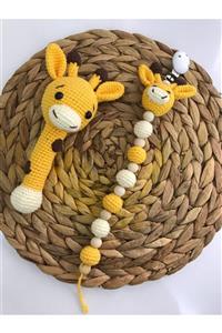 USTAHOBİEVİ Organik Oyuncak Amigurumi Örgü Zürafa Çıngırak Ve Emzik Zinciri Set