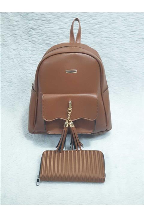 lindabags Kadın Püsküllü Sırt 2li Set Taba Çanta