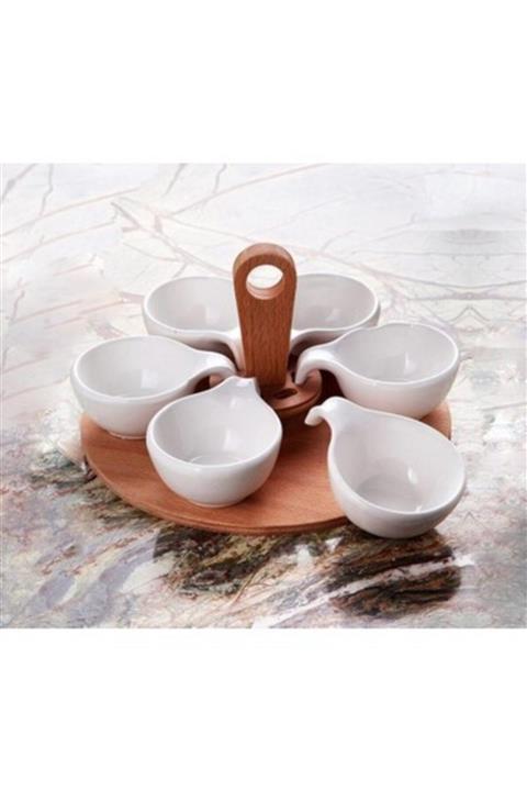 ALPER HOME Ahşap Tepsili Porselen Sosluk 6'lı