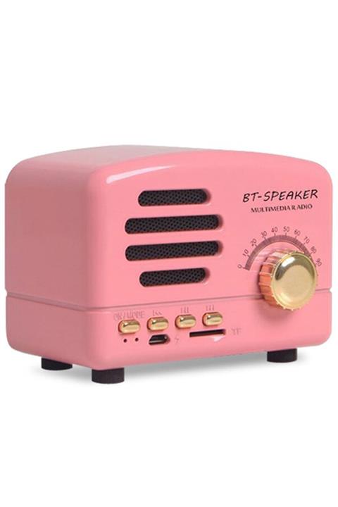 zibo Mini Nostalji Radyo Kablosuz Bluetooth Hoparlör Işıklı Pembe