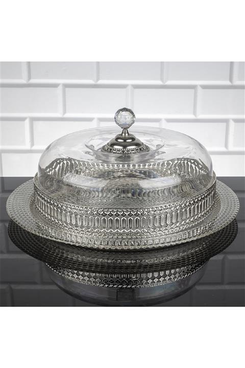 Zeyve Inci Cam Tabaklı Sunumluk Kek Fanusu 33 Cm Gümüş