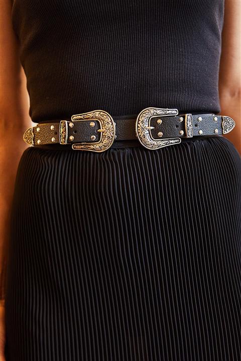 Olalook Kadın Siyah Çift Tokalı Zımbalı Suni Deri Kemer KMR-19000065