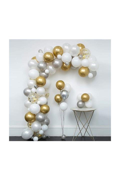 Parti Evreni Beyaz Gümüş Gold Konfetili Balon Zincir Seti