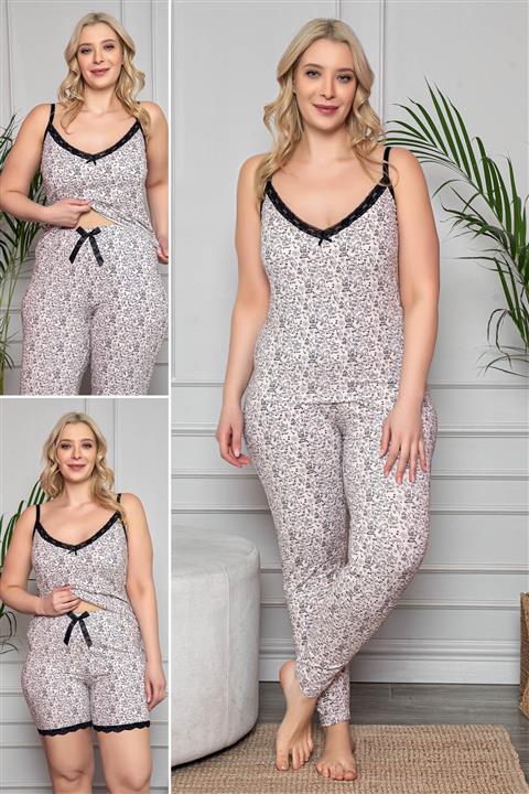 MyBen Büyük Beden Pembe Renkli Dantel Detaylı Şortlu Ve Taytlı Pijama Takımı 3'lü Set 80030