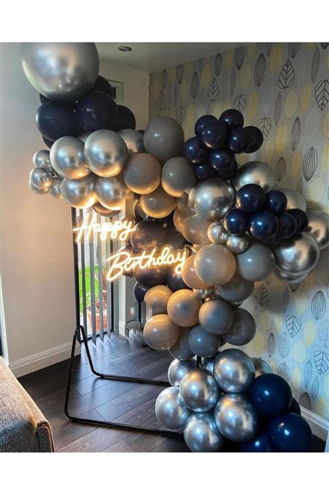 eğlencemarketi Krom Gümüş Gece Mavisi Gri Pastel Balon Zinciri 100 Adet