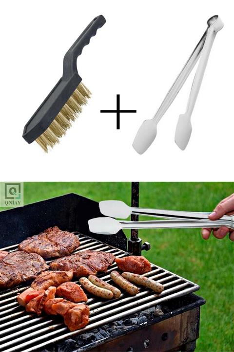 QNİAY Paslanmaz Çelik Izgara Maşası+ Mangal Barbekü Temizleme Tel Fırçası 2li Set Tatil Piknik Kamp Parti
