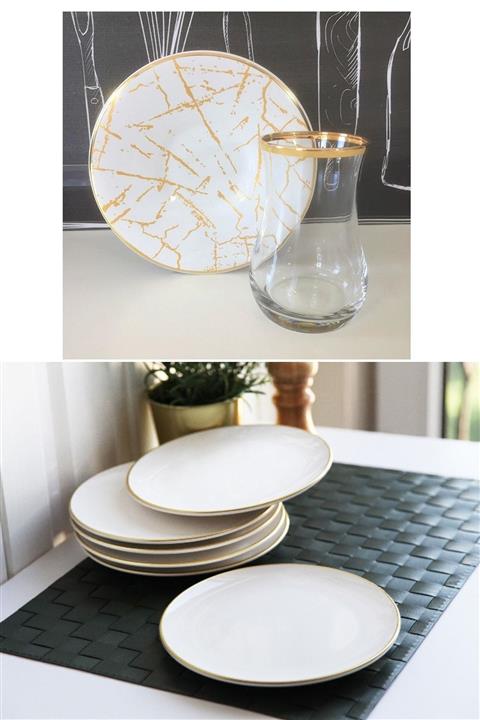 Pinkev 18 Parça Seramik Pasta Tabağı Çay Bardağı Servis Sunum Seti