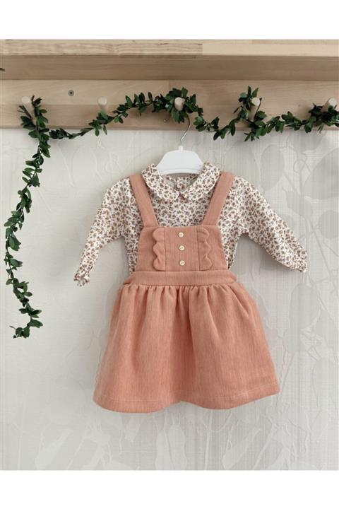 Mymio Fitilli Kadife Slopet Somon Kız Bebek Elbise
