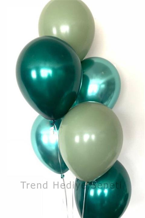Trend Hediye Sepeti Krom Parlak Yeşil Küf Yeşili Adaçayı Helyumla Uçan Balon Seti