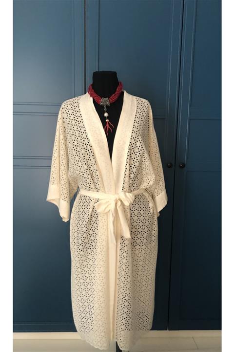 etamincebursa Kadın Bej Keten Nakışlı Kimono