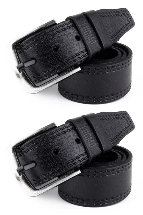 LUGMO 2 Adet Hakiki Deri Erkek Kemer 4,5 Cm Dikiş Desenli Siyah