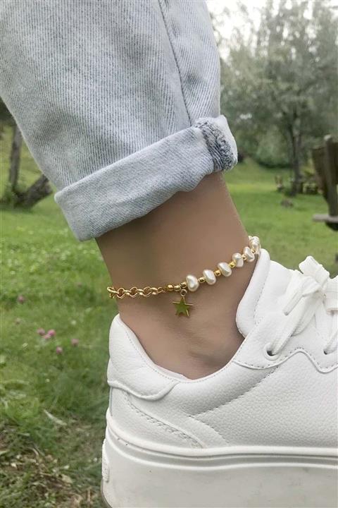 Histakı Yıldız Plaka Sallantılı Incili Ayarlanabilir Halhal