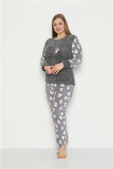 Pijamanya Kadın Kırçıllı Gri Büyük Kalp Işlemeli Fincanlı Kedi Desenli Kışlık Peluş Polar Pijama Takımı