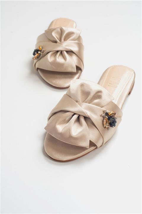 LuviShoes T01 Koyu Bej Saten Taşlı Kadın Terlik