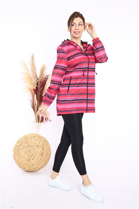 Escetic Kadın Pembe Çizgili Yağmurluk  Rüzgarlık