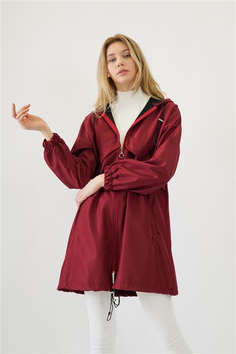 AJYMODA Kadın Kapüşonlu Oversize Yağmurluk Bordo