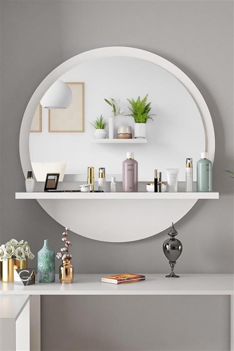 bluecape Yuvarlak Beyaz Raflı 60cm Ayna Koridor Dresuar Konsol Duvar Salon Mutfak Banyo Ofis Çocuk Yatak Oda