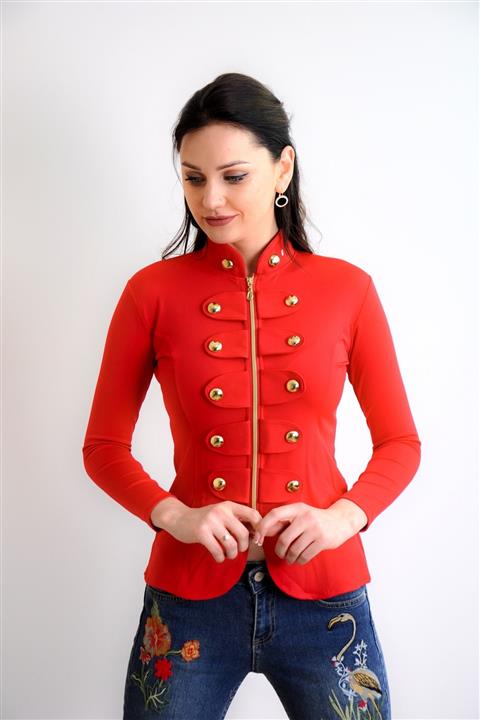 bayansepeti Kadın Kırmızı Önden Fermuarlı Esnek Dalgıç Kumaş Düğme Detaylı Spor Ceket