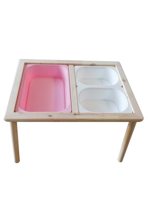 Damla Toys Masif Ahşap Çocuk Oyun Aktivite Masası + 1 Pembe 2 Beyaz Dar Kova Hediyeli